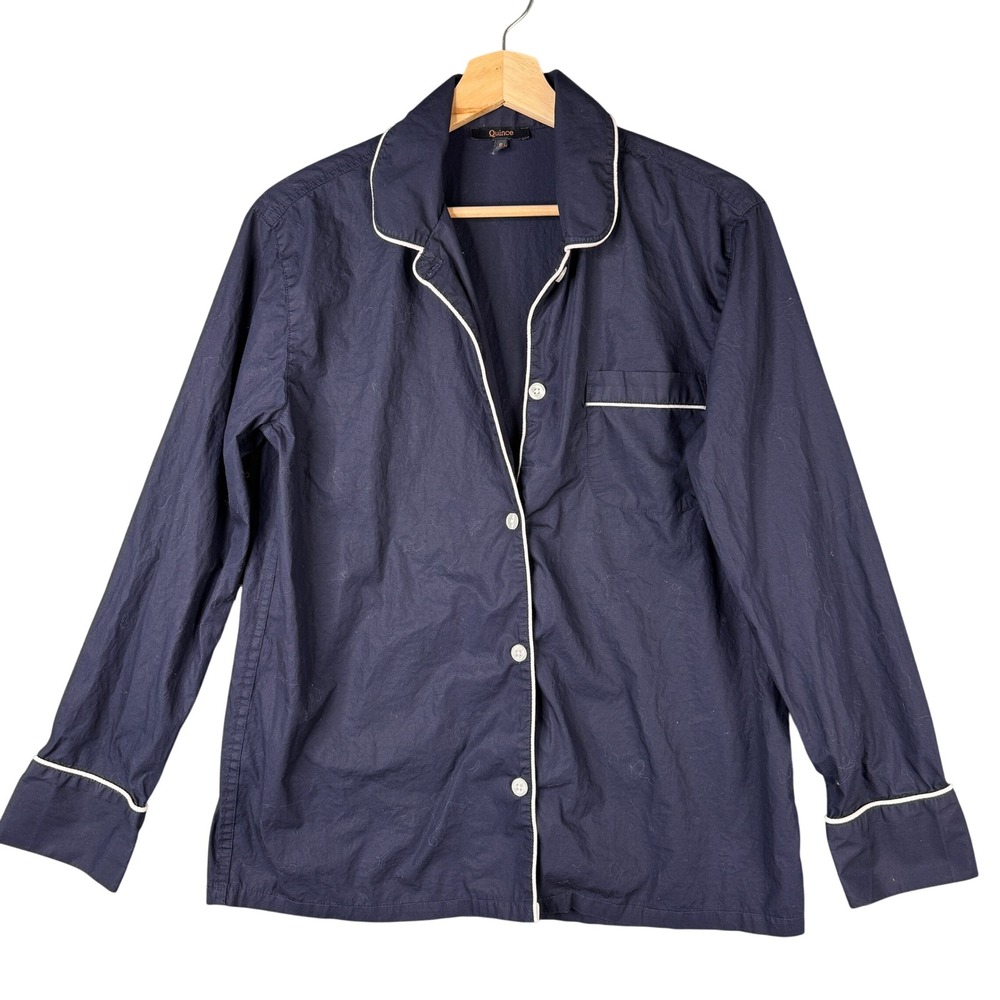 Quince Navy Blue 100% Organic Cotton Poplin Pajama Shirt Small Piped Trim PJ Top